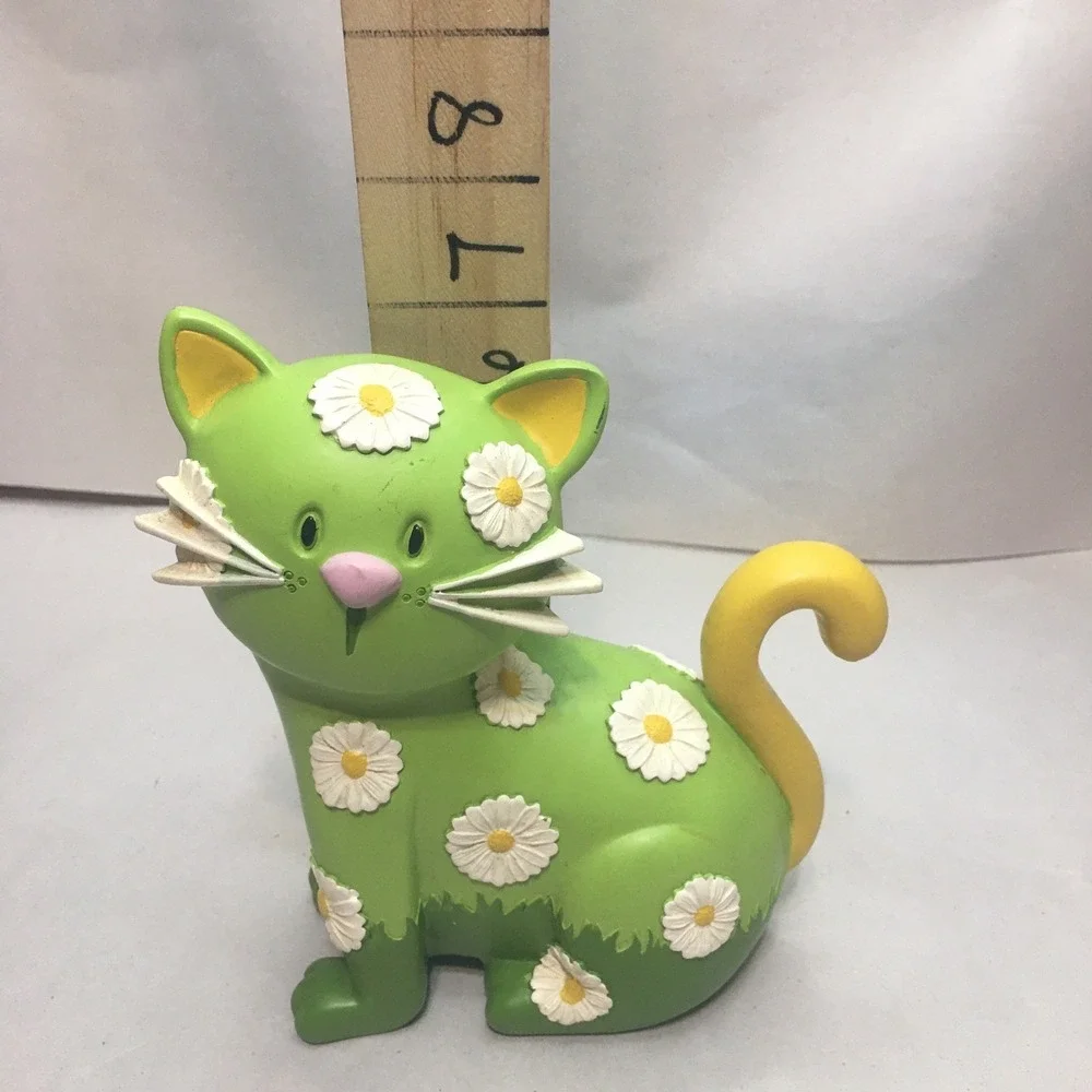 Daisy Green & Yellow Cat Coin Bank With Stopper Flowers Cute Hard Plastic